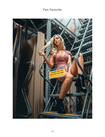 woman posing on warehouse ladder fashion photography