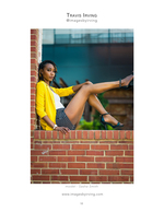 woman in yellow blazer on brick wall fashion photography