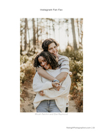 couple embracing on forest trail engagement photography