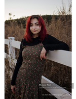 redheaded woman leaning on a white fence in a dry field portrait photography