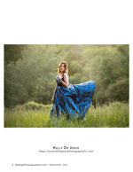woman in a blue gown standing in a golden meadow portrait photography