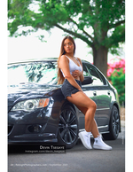 woman leaning against a car in a white top fashion photography