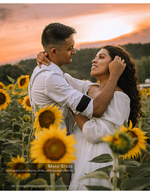couple embracing in a sunflower field at sunset portrait photography