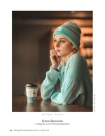 woman in mint sweater and coffee shop portrait photography