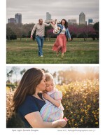 family walking a park path beneath the Raleigh skyline family portrait photography
