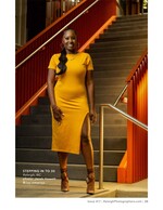 woman in mustard dress posing on an orange staircase portrait photography