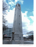 NC State Memorial Belltower against a blue sky cityscape photography