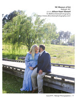 couple embracing on a wooden bridge at the art museum engagement photography