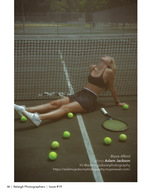 woman lying on a tennis court surrounded by tennis balls sports photography