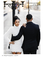 couple in formal black and white attire on a downtown sidewalk wedding photography